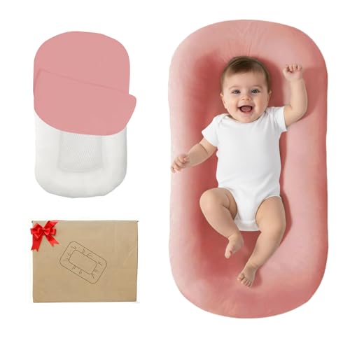Image of Lucakuins Baby Lounger, Bionic Design Baby Lounger for Newborn 0-24 Months, Soft Organic Cotton Breathable Lounger for Infants (Lovely Pink Lounger)