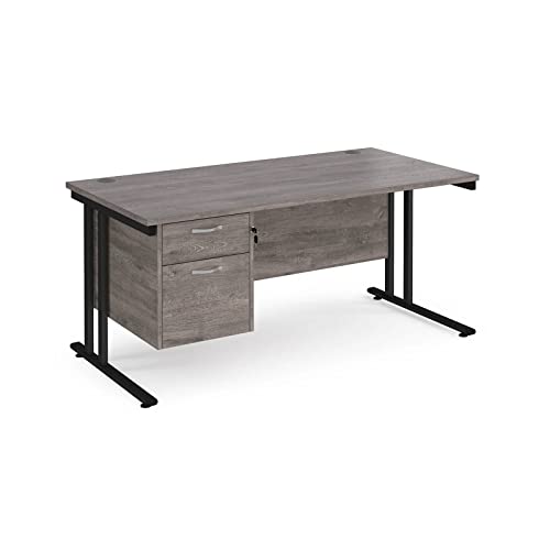 Image of Maestro 25 Rectangle Desk 800 mm Deep with Single 2 Drawer Fixed Pedestal & Black Cantilever Leg, Grey Oak, 160 cm