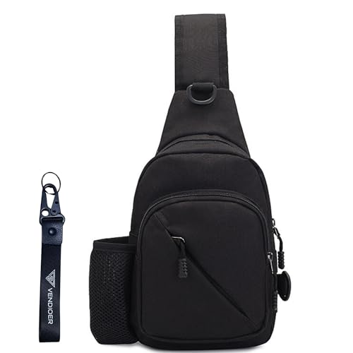 Vendioer Tactical Chest Sling Bag with Water Bottle Holder & Key Ring Strap, Military Molle Camouflage Backpack for Fishing (Black)