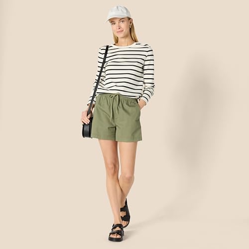 Amazon Essentials Camiseta de Cuello Redondo, Manga Larga, Corte Regular, 100% Algodón Mujer, Cáscara de Huevo Negro Mariner Rayas, M