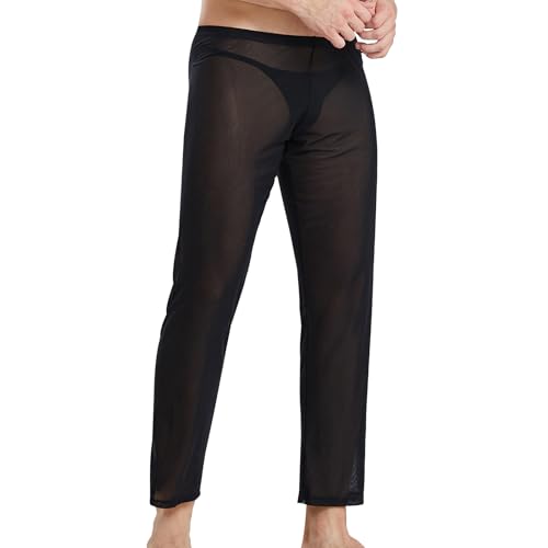 GENEMEN Mens Mesh Pants Sheer Pajama Bottoms See Through Sleep Trousers (Black, XL)