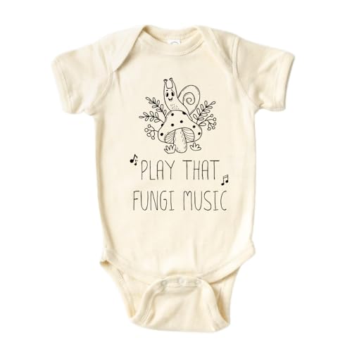 Image of MangoHouse Cute Baby Onesie® Play That Fungi Music Funny Shirt Premium Custom Baby Clothes Unisex Baby Announcement Gift for Mom Newborn Outfit (Short Sleeve Natural, 0-3m)