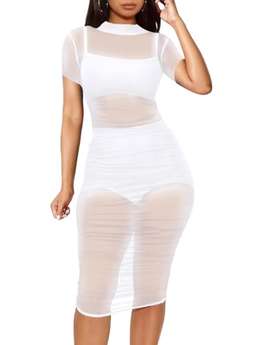 Image of Lrady Women's Elegant High Neck Sexy Sheer Mesh See Through Short Sleeve Stretch Bodycon Dress, White, Large