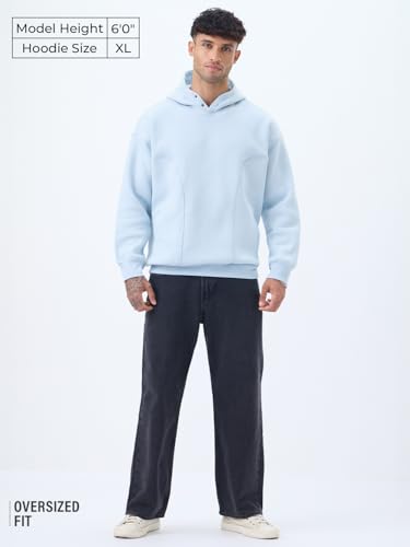 Image of The Souled Store: Marine Men and Boys Full Sleeves Hooded Neck Light Blue Solid Cotton Blend Premium Heavy Fleece Oversized Pullover Hoodie
