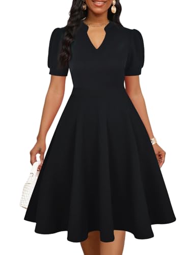 Mokayee Womens Summer Short Puff Sleeve Casual Semi-Formal Fit and Flare Church Wedding Guest Work Dresses with Pockets