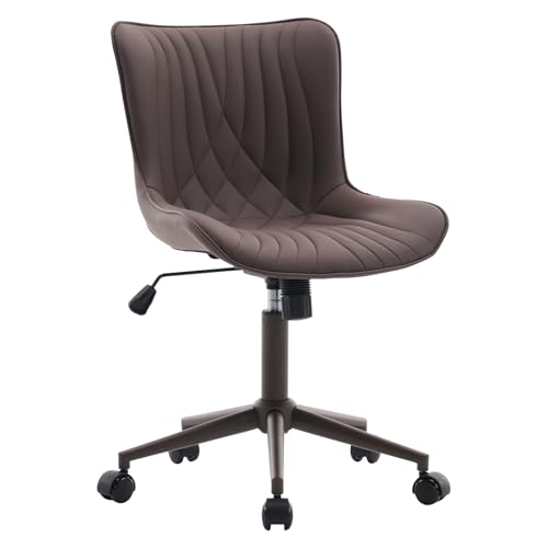 Image of YOUTASTE Armless Office Desk Chair with Wheels, Adjustable Swivel Vanity Chair, PU Leather Upholstered, Ergonomic Back Support, Modern All Brown Computer Chair for Home Office, Bedroom, Study