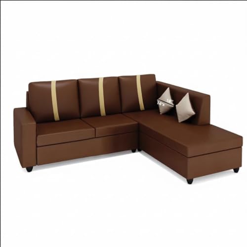 Image of FURNY Nathanoy 4 Seater Leatherette RHS L Shape Sofa Set (Brown) Premium Finish | Ideal for Living Rooms