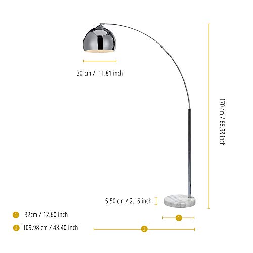 Image of Teamson Home Arquer 68.1 inch Arc Floor Lamp for Living Rooms, Home Offices, Dining Rooms, Bedrooms with Faux White Marble Base and Chrome Bell Shade