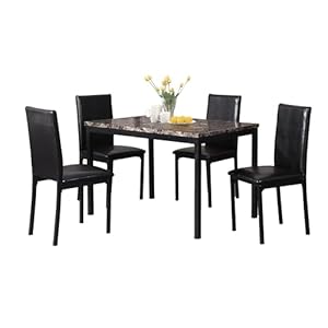 Roundhill Furniture 5 Piece Citico Metal Dinette Set with Laminated Faux Marble Top – Black