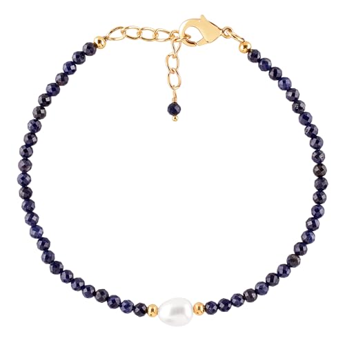 InfinityGemsArt Blue Sapphire Gold Bracelet For Women, September Birthstone Natural Crystal Stone With Freshwater Pearl Beaded Jewelry, Gold Plated Chain 8 Inch2