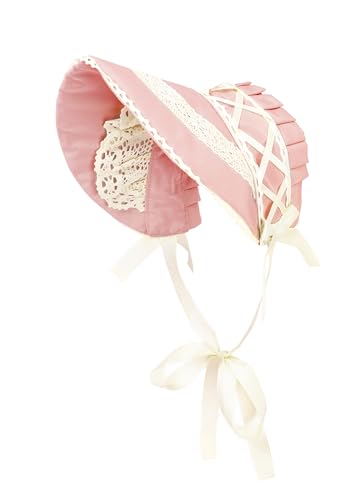 FURPHI Victorian Bonnet Colonial Hat with Lace Tea Party Costume Sun Cap for Women (Pink)