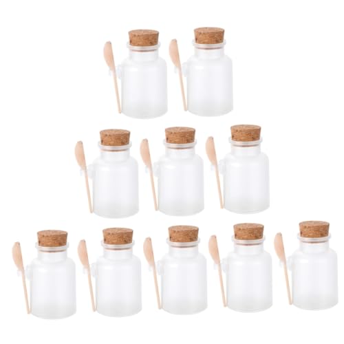 BAZEITFLOW 10 piezas Botes Transparentes para de Baño Envases Redondos Tapa de Corcho y Cuchara de Madera Frascos Reutilizables Humedad para Almacenamiento Cosmético y Polvos de Mascarilla