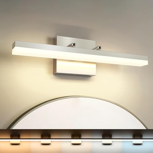 Image of Brushed Nickel Vanity Lights - Dimmable 5CCT Bathroom Lighting Fixtures Over Mirror, Adjustable Angle Wall Light, 15.75 inch Long 12W LED Bar Light