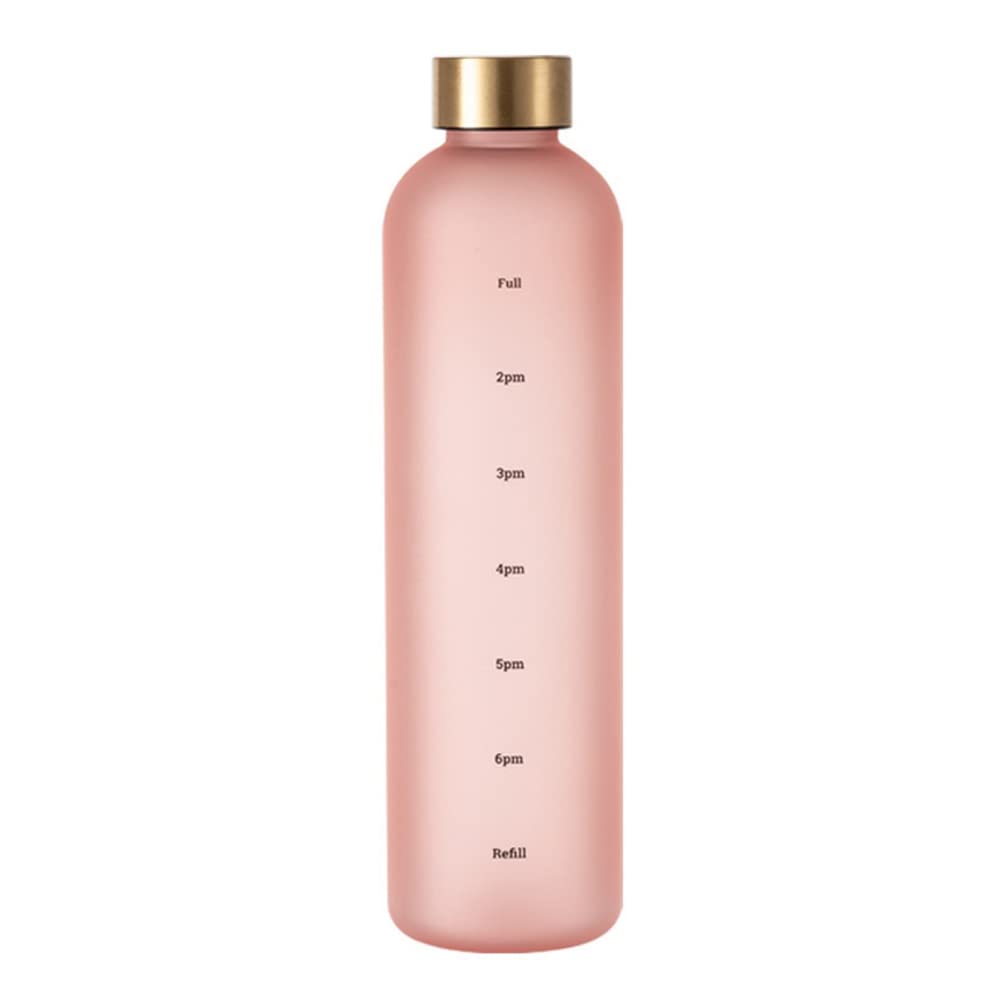 CTRLZS 1L Water Bottle with Time Marker 32 OZ Motivational Reusable Fitness Sports Leakproof Frosted Plastic Bottle Pink