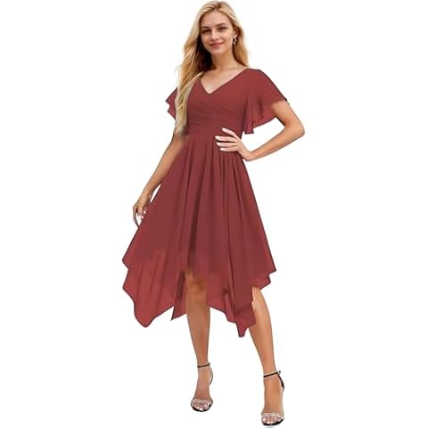 Faxpox Desert Rose Short Sleeve Chiffon Western Wedding Guest Dresses with Pockets 2025 Ruffle V-Neck Semi- Formal Dresses for Teens US4 Cover