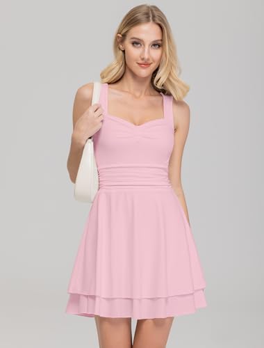 IWD Women's Square Neck Sleeveless Mini Dress Ruched Waist Tiered Ruffle Hem A Line Short Dresses2