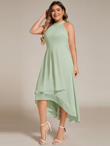 Image of Ever-Pretty Plus Women's Sleeveless Halter A Line Pleated High Low Plus Size Wedding Guest Cocktail Dresses 31926-DA