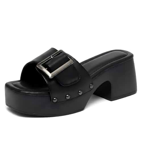 Square Open Toe Platform Mules Adjustable Buckle Chunky Heel for Women Wide Band Rivet Detail Slip-On Dress Sandals with Cushioned Footbed for Party Vacation Beach and Casual Daily Wear