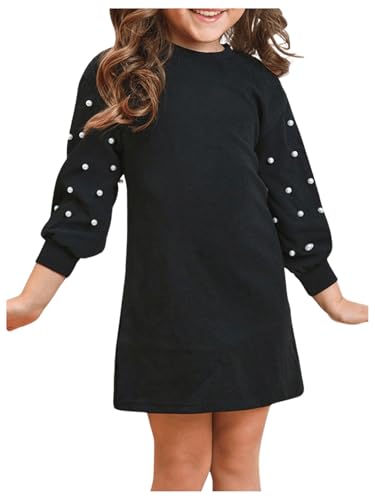 SOLY HUX Toddler Girl's Beaded Bishop Long Sleeve T Shirt Dress Crew Neck Casual Short Dresses