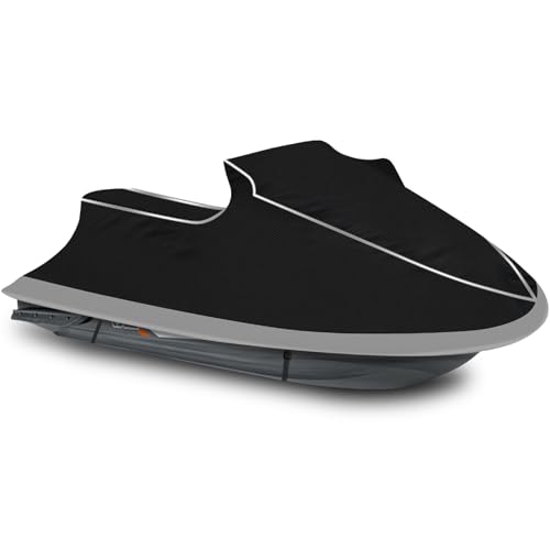 CoukouCover Trailerable Jet Ski Cover, Heavy Duty Waterproof PWC Cover, 3 Seater with Reflective Strips and Vents for Seadoo Yamaha Kawasaki Polaris, Fits Lengths from 126-135” (Black&Gray)