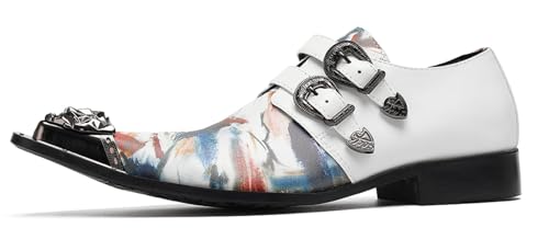 Santimon Men’s Double Monk Strap Loafers Party Dress Leather Shoes with Artistic Print & Metal Toe – Slip-On Buckle Colorful Loafers for Wedding Stage Bar2