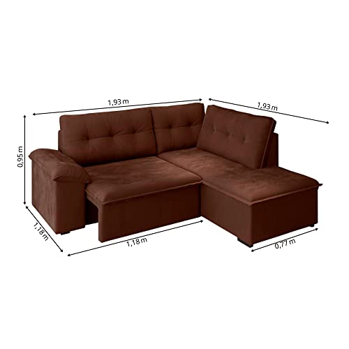 Sofá de Canto Retrátil 1,93m Cama 5 Lugares Tóquio Marrom Veludo