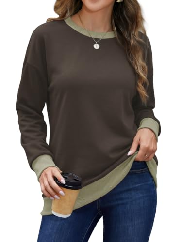 Tolaler Sudadera Mujer Cuello Redondo Contraste de Color Marrón café XL