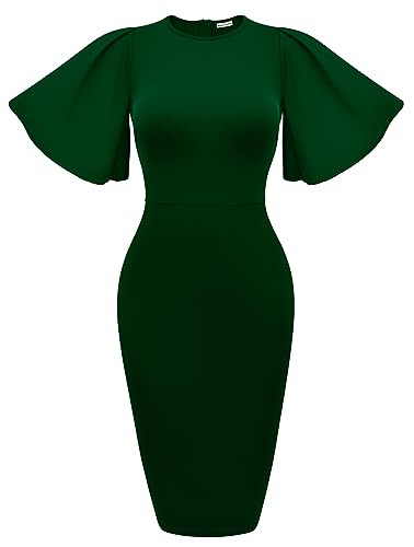Image of Memoriesea Women's Basic Bodycon Ruffle Flared Short Sleeve Pencil Midi Dress