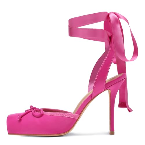 Image of Riekhany Satin Ballet Heels for Women Closed Square Toe Bow Ballerina Heels Lace Up High Heel Slingback Pumps Strappy Stiletto Mary Janes Elegant Party Shoes