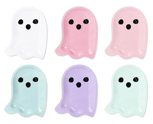 Whaline 24 Pcs Halloween Ghost Paper Plates Boo Ghost Disposable Dinner Plates Spooky Boho 6 Pastel Colors Tableware for Birthday Baby Shower Party Supplies Table Decor 7.6 x 9.6 In