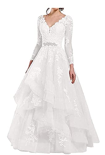 See Through Long Sleeve Applique Wedding Dresses Double V Neck Ruffled Organza Bridal Dress for Bride