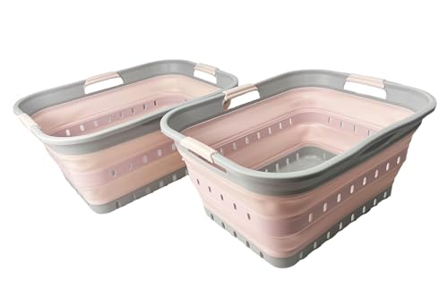 Image of SAMMART 42 (11 Gallons) Collapsible Plastic Laundry Basket, Foldable Pop Up Storage Container /Organizer, Space Saving Hamper, Portable Bin for Dorm Room Bathroom (2, Grey /Pink)