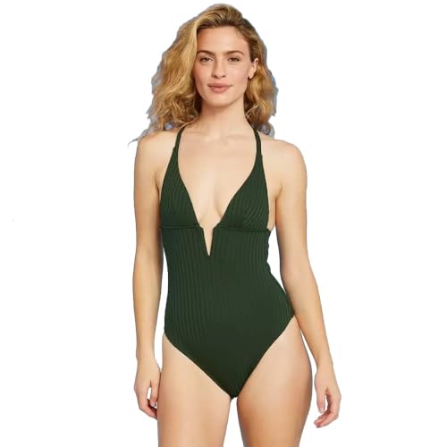Shade & Shore Women's Ribbed Plunge Front V-Wire One Piece Swimsuit -