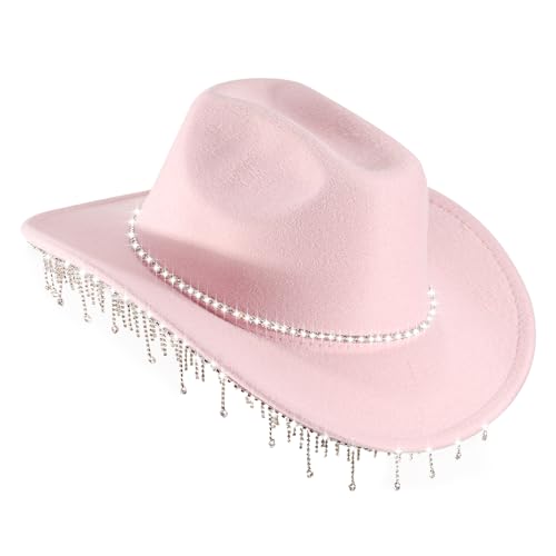 Cowboy Hat Pink Cow Girl Rhinestone Bling Nashville Bachelorette Western Hat for Women with Tassel