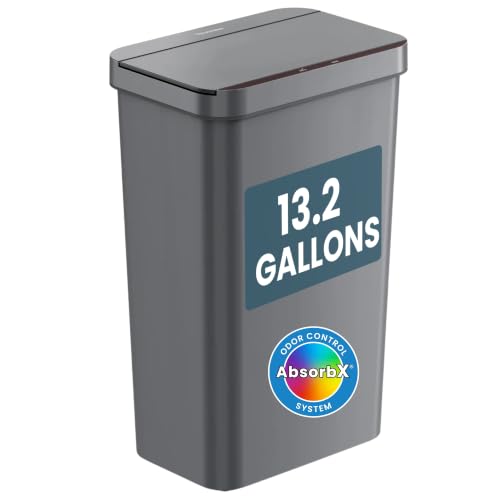 Image of iTouchless Prime 13.2 Gal Sensor Trash Can with Odor Filter | Gray Plastic | Durable Dent-Proof Construction, 50 Liter Slim and Space-Saving Automatic Bin for Kitchen, Home, Office, Business, Garage