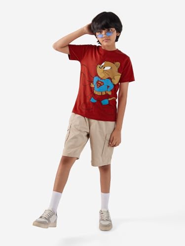 Image of The Souled Store Tom and Jerry: Super Jerry Boys Regular Fit Graphic Printed Half Sleeve Cotton Maroon Boys Cotton T-Shirts