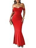 CurvySweet Women's Off The Shoulder Bodycon Corset Ruched Mesh Maxi Dress Built-in Bra Fall Cocktail Wedding Guest Dresses Red