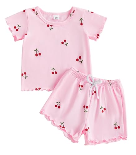 LIOMENGZI Baby Cherry Outfit Baby Girl Summer Clothes Cute Toddler Short Sleeve Tshirt Top Shorts 3 6 12 18 24 Months 2T 3T 4T (Pink 12-18 Months)