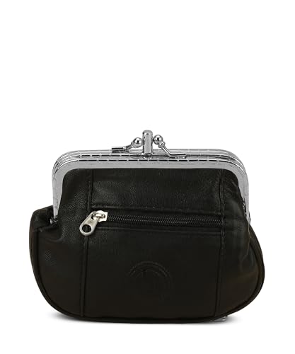 Women's Leather Metal Frame Double Clasp Zipper Coin Purse 5 1/4