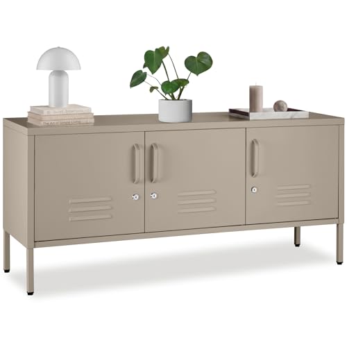 tectake® Metall Sideboard, 120x37,5x55,5cm, mit Magnetverschluss, 3 Türen abschließbar, Verstellbarer Boden, Kommode mit Kabelführung, Anrichte, Kippschutz, Aufbewahrung, Schrank, Stauraum - Taupe