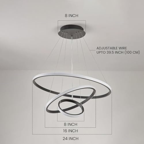 Image of Desidiya 3 Ring LED Pendant Light Fixture for Indoor, Dining Table, Living Room, Kitchen Island, Cafe & Home Decor, Spiral 3 Ring LED Black Finish Decorative Hanging Light