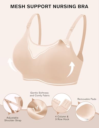 Image of Ekouaer Women Full Cover Nusing Bra Seamless Maternity Mush Haves Mesh Breastfeeding Smooth Bras Breathable Postpartum Bralette Beige M
