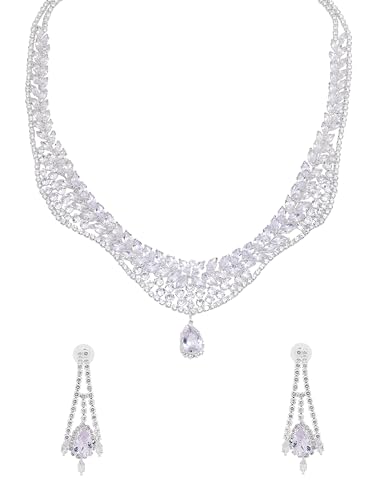 Image of Yellow Chimes Jewellery Set for Women | White Stone Necklace Set for Women | Cubic Zircon Silver Diamond Jewellery Set |Rhodium Plated Necklace Set | Birthday Anniversary Gift for Women Wife