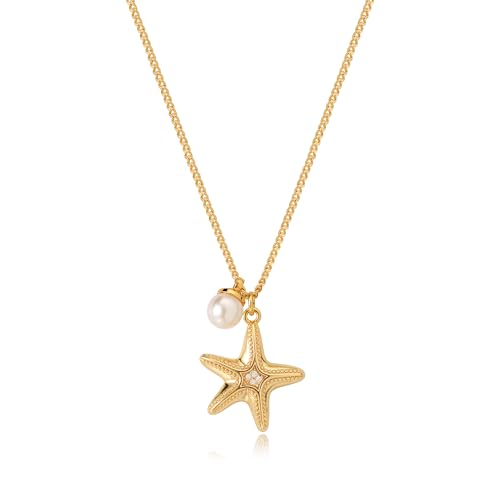 MTMY Gold Starfish Necklace 14K Gold Plated Shell Conch Ocean Pendant Necklace for Women Beach Summer Jewelry