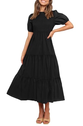 ZESICA Women's Casual Summer Crew Neck Short Puff Sleeve Smocked High Waist Ruffle Tiered A Line Midi Dress