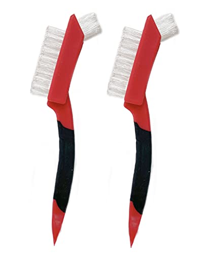 2 ALAZCO Soft-Grip Handle Heavy-Duty Tile Grout Brush - Extra-Stiff Bristles - Scraper Edge Plus Narrow Tip Bristles For Hard To Reach Areas Multi-Purpose - Red & Black