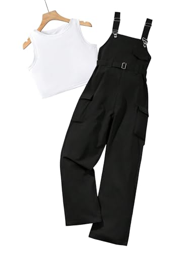 Ecolala Girls Overalls Sleeveless Crop Top and Casual Wide Leg Jumpsuit 2 Pieces Outfits Black 9-10 Years - Thumbnail 5