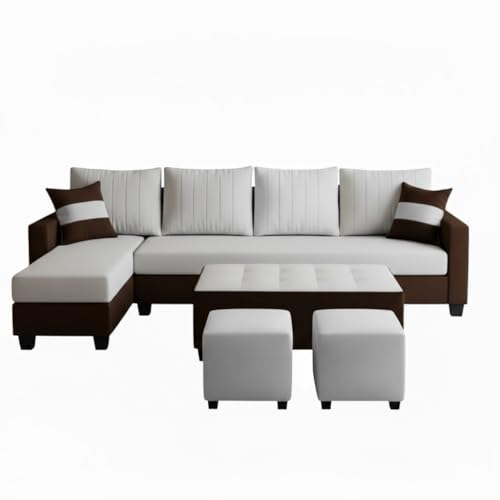 Image of FURNY Avenue 8 Seater Fabric LHS L Shape Sofa Set with 1 Centre Table & 2 Puffy (Light Grey-Dark Brown) Premium Velvet Finish