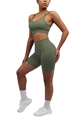 Omkagi Workout Sets For Women Seamless Strappy Sports Bra Butt Lifting Workout Shorts Leggings 2 Piece Gym Outfits(M,4-Army Green) #TOP3