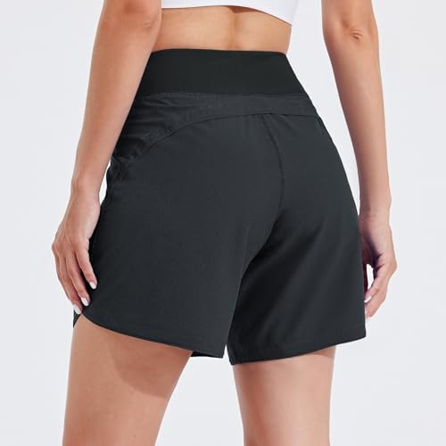 Willit Badeshorts Damen Badehose Schwimmen Boardshorts Schnelltrocknend Sommer Bikini Shorts High Waist Trunks UPF50+ UVA Schutz 7\ mit Liner Taschen Schwarz Größe 42